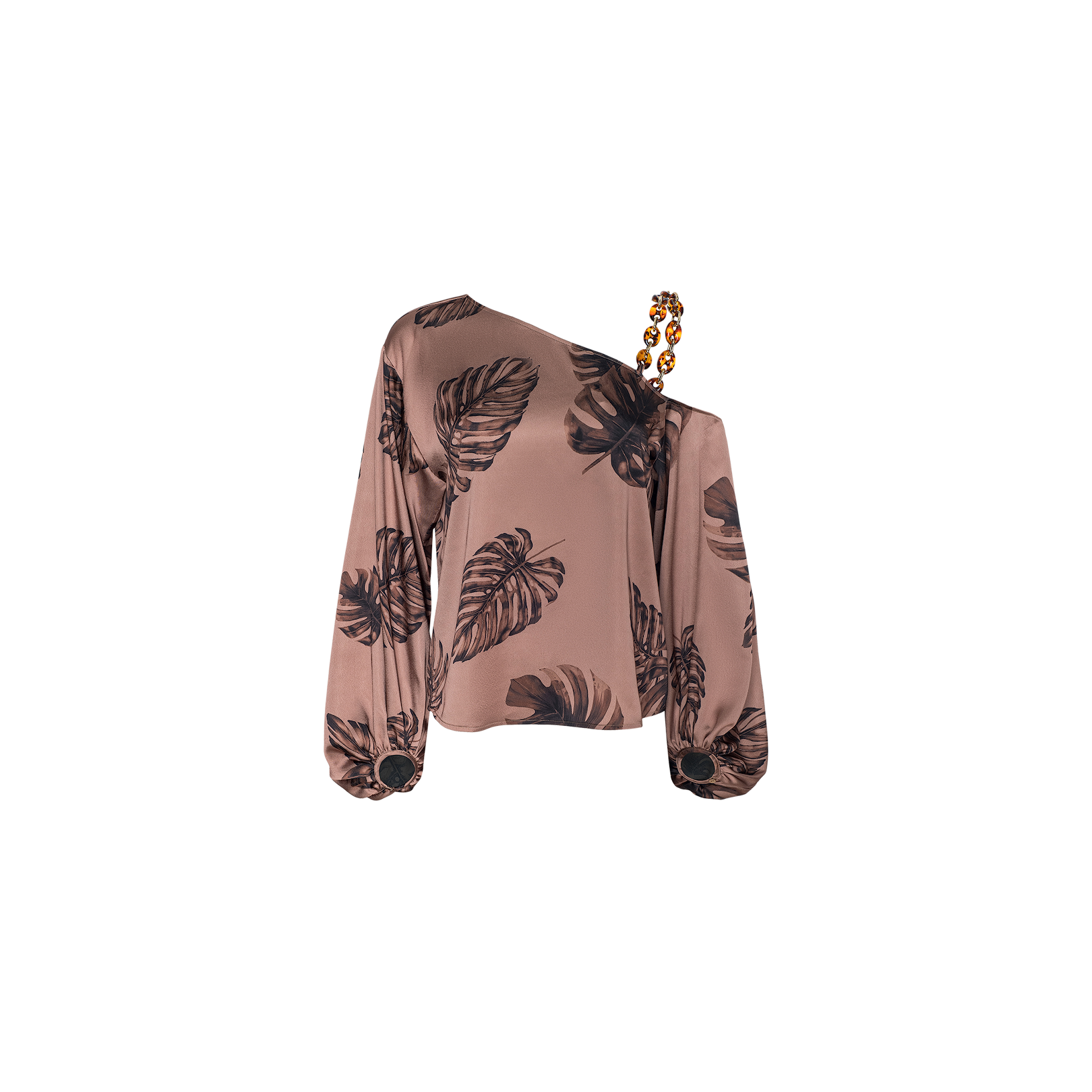 The Asami Chain One-Shoulder Blouse is a pink satin long-sleeve top adorned with black leaf prints, designed with an asymmetrical neckline and a single beaded shoulder strap.
