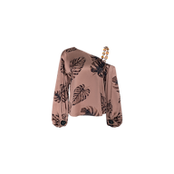 The Asami Chain One-Shoulder Blouse is a pink satin long-sleeve top adorned with black leaf prints, designed with an asymmetrical neckline and a single beaded shoulder strap.