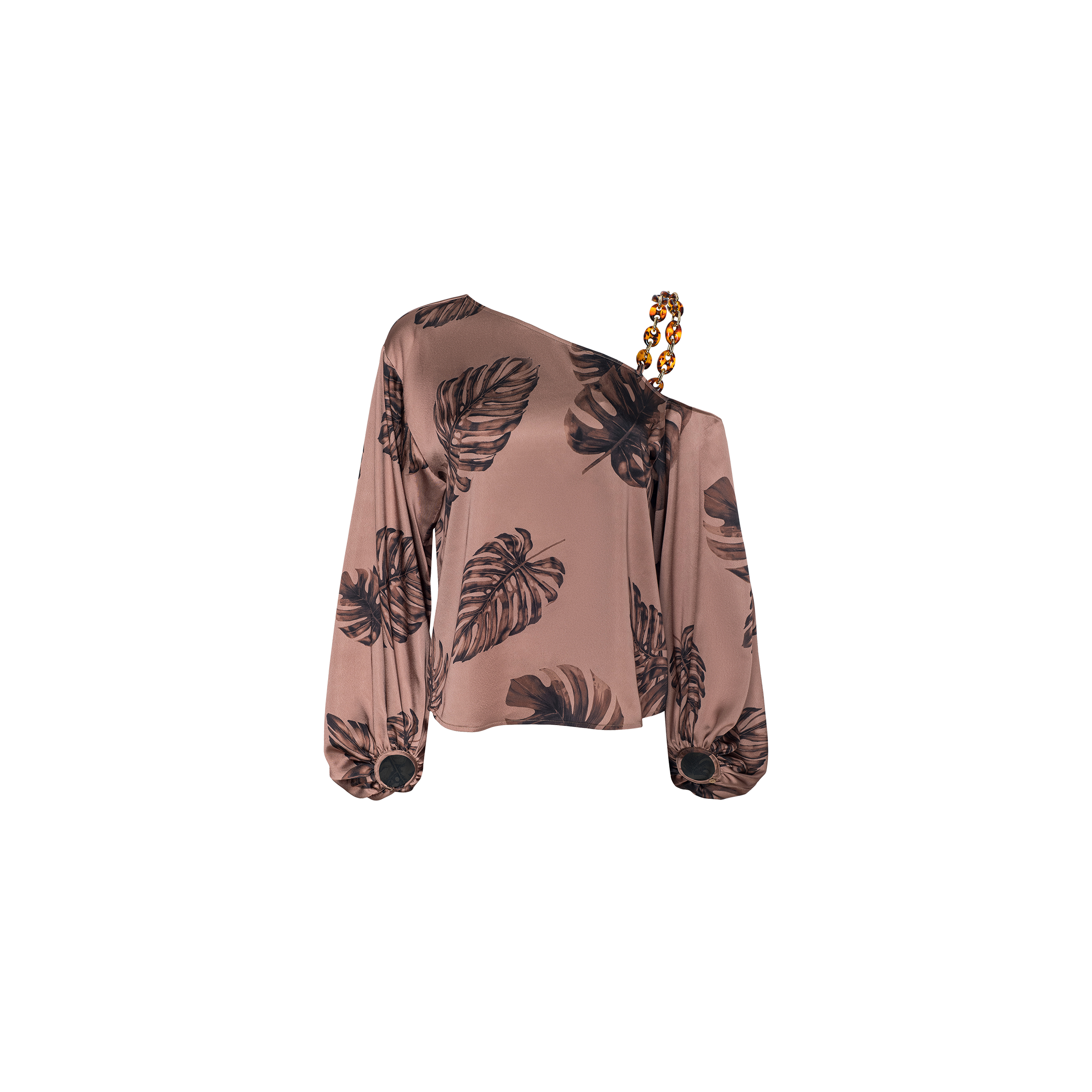 The Asami Chain One-Shoulder Blouse is a pink satin long-sleeve top adorned with black leaf prints, designed with an asymmetrical neckline and a single beaded shoulder strap.