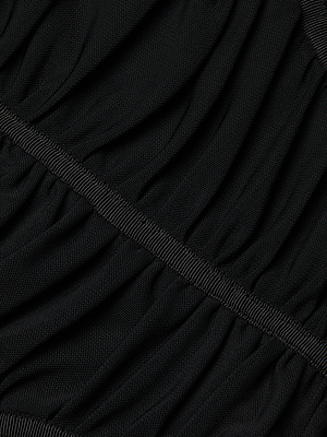 Close-up of the Asuka Mesh Corset Top’s black stretch mesh fabric, featuring horizontal elastic bands for a gathered, textured look. The material is soft, slightly sheer, and detailed with visible stitching for a corset-inspired finish.