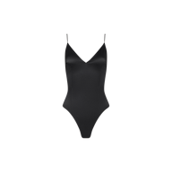 The Dara Stretch-Satin Bodysuit, a black sleeveless design with thin adjustable straps and a V-neckline, reminiscent of a sleek black satin top, is displayed against a plain white background.