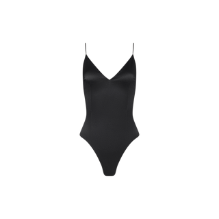 The Dara Stretch-Satin Bodysuit, shown in classic black with thin adjustable straps and a flattering V-neckline against a plain white background, is the perfect sleek base layer for any outfit.