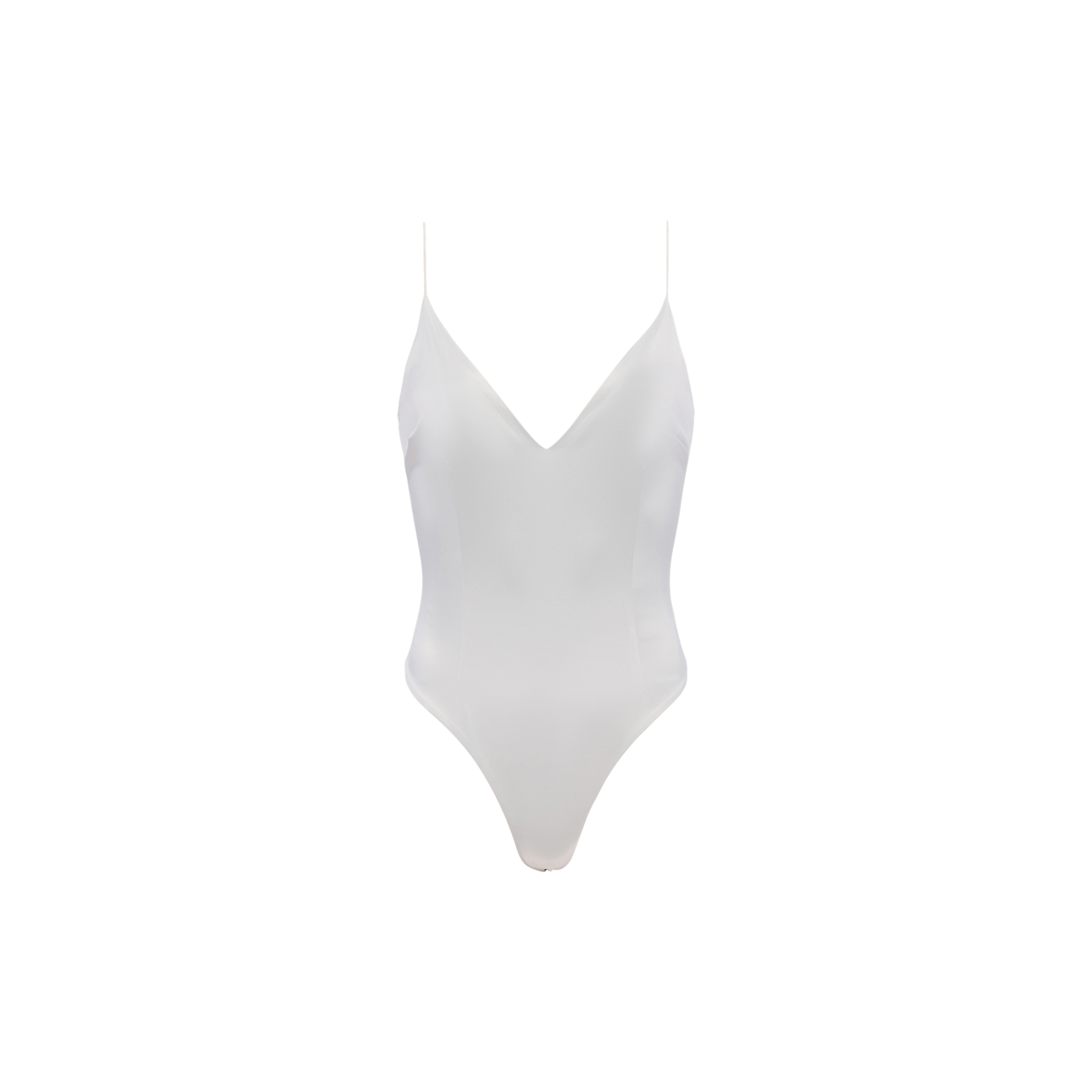 Dara Stretch Satin Bodysuit with thin adjustable straps and a V-shaped neckline, featuring an invisible back zip, displayed against a plain white background.