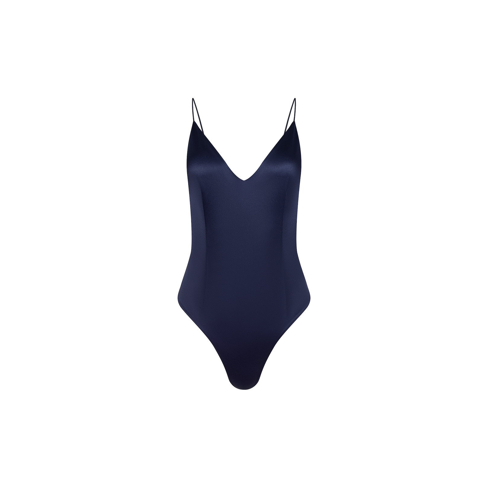 Dara Stretch-Satin Bodysuit in navy blue, featuring thin shoulder straps and a deep plunge neckline, displayed on a plain white background.