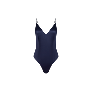 Dara Stretch-Satin Bodysuit in navy blue, featuring thin shoulder straps and a deep plunge neckline, displayed on a plain white background.
