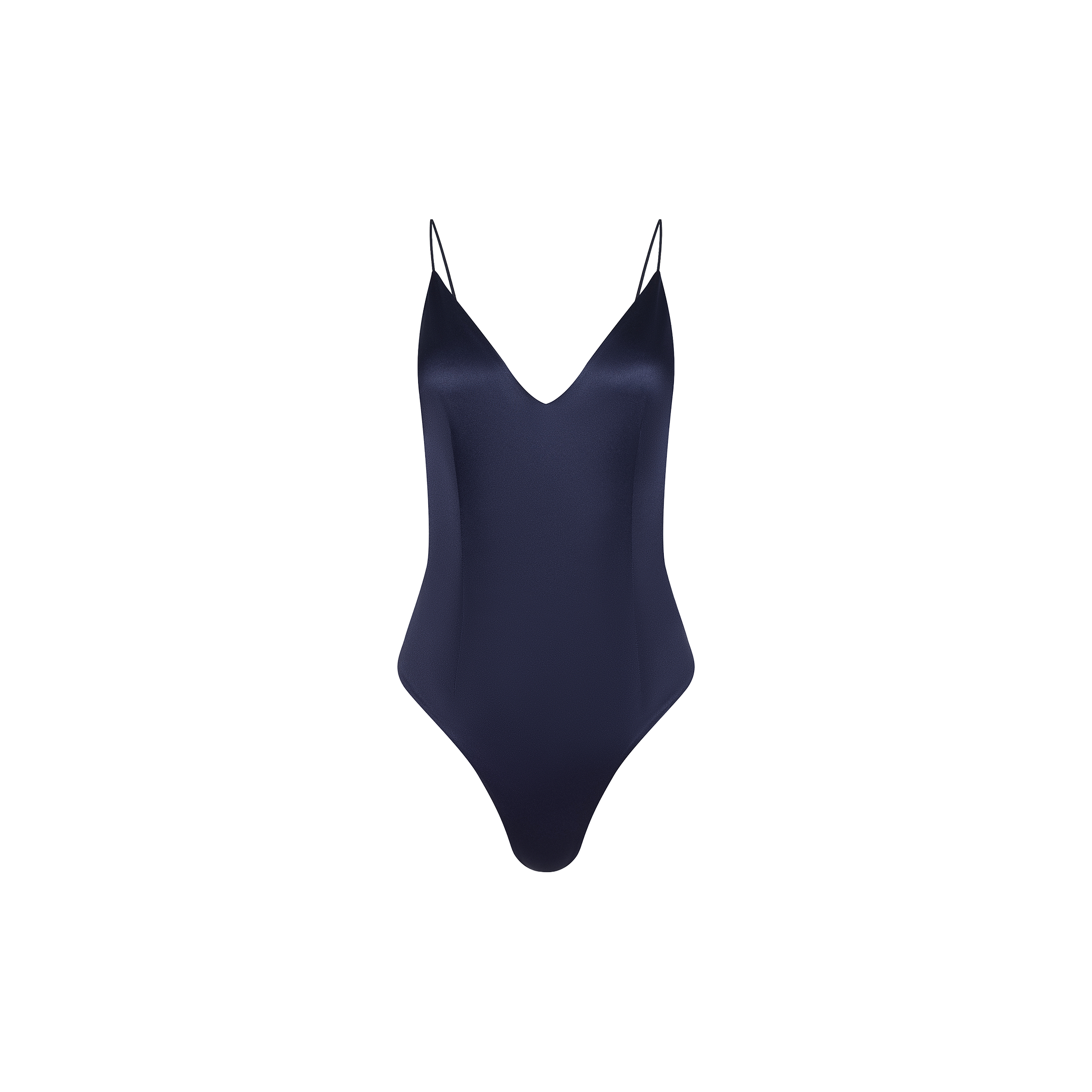 Dara Stretch-Satin Bodysuit in navy blue, featuring thin shoulder straps and a deep plunge neckline, displayed on a plain white background.