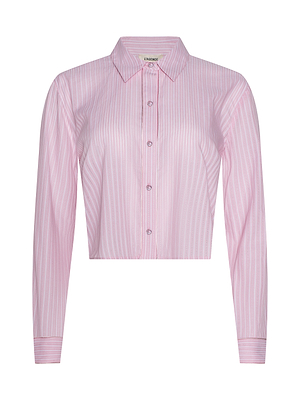 The Cosette Shirt is a long-sleeved, pink and white vertically striped jacquard poplin shirt with a classic collar and a cropped high-low hem.