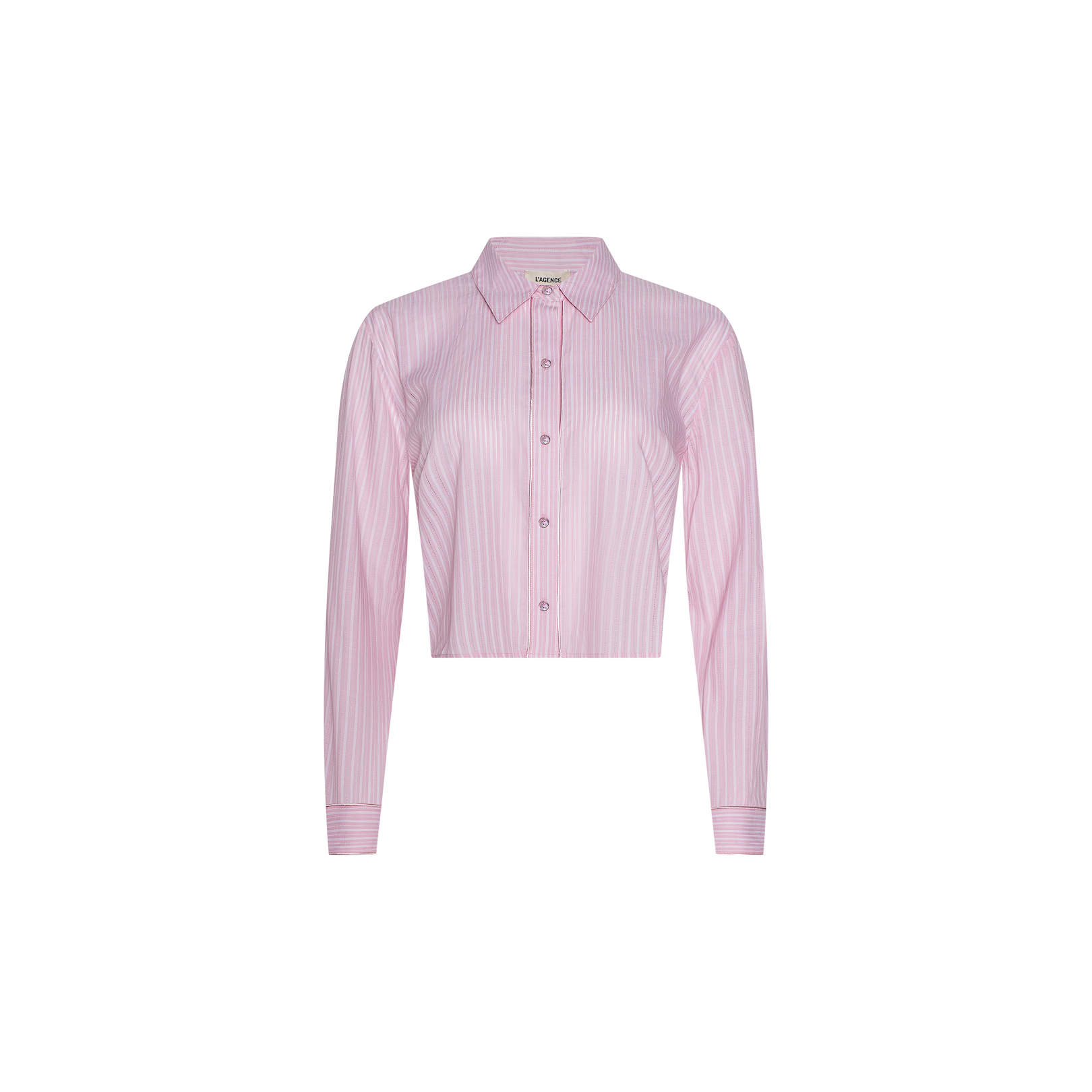 The Cosette Shirt is a pink and white vertically striped jacquard poplin, long-sleeve, button-up cropped shirt featuring a collar and a subtle high-low hem, shown against a plain white background.