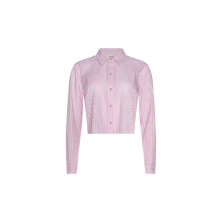 The Cosette Shirt is a pink and white vertically striped jacquard poplin, long-sleeve, button-up cropped shirt featuring a collar and a subtle high-low hem, shown against a plain white background.