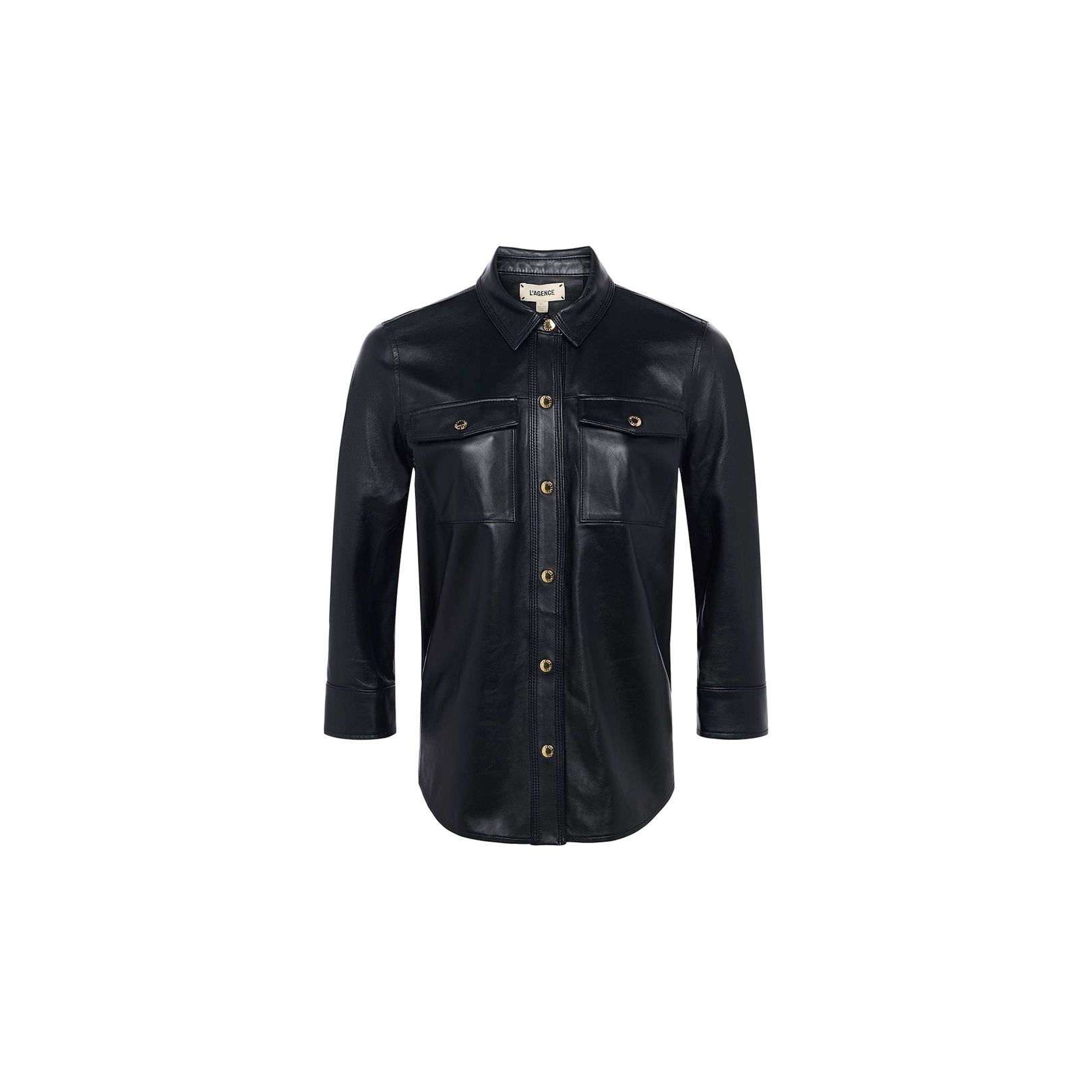 The Avina Leather Shirt is a black lambskin button-up with long sleeves, gold snap buttons, and two front chest pockets, shown against a plain white background.