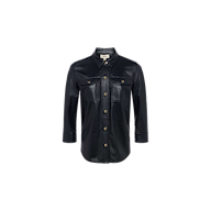 The Avina Leather Shirt is a black lambskin button-up with long sleeves, gold snap buttons, and two front chest pockets, shown against a plain white background.