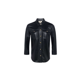 The Avina Leather Shirt is a black lambskin button-up with long sleeves, a collar, and two front chest pockets, featuring gold snap buttons. It is displayed on a plain white background.
