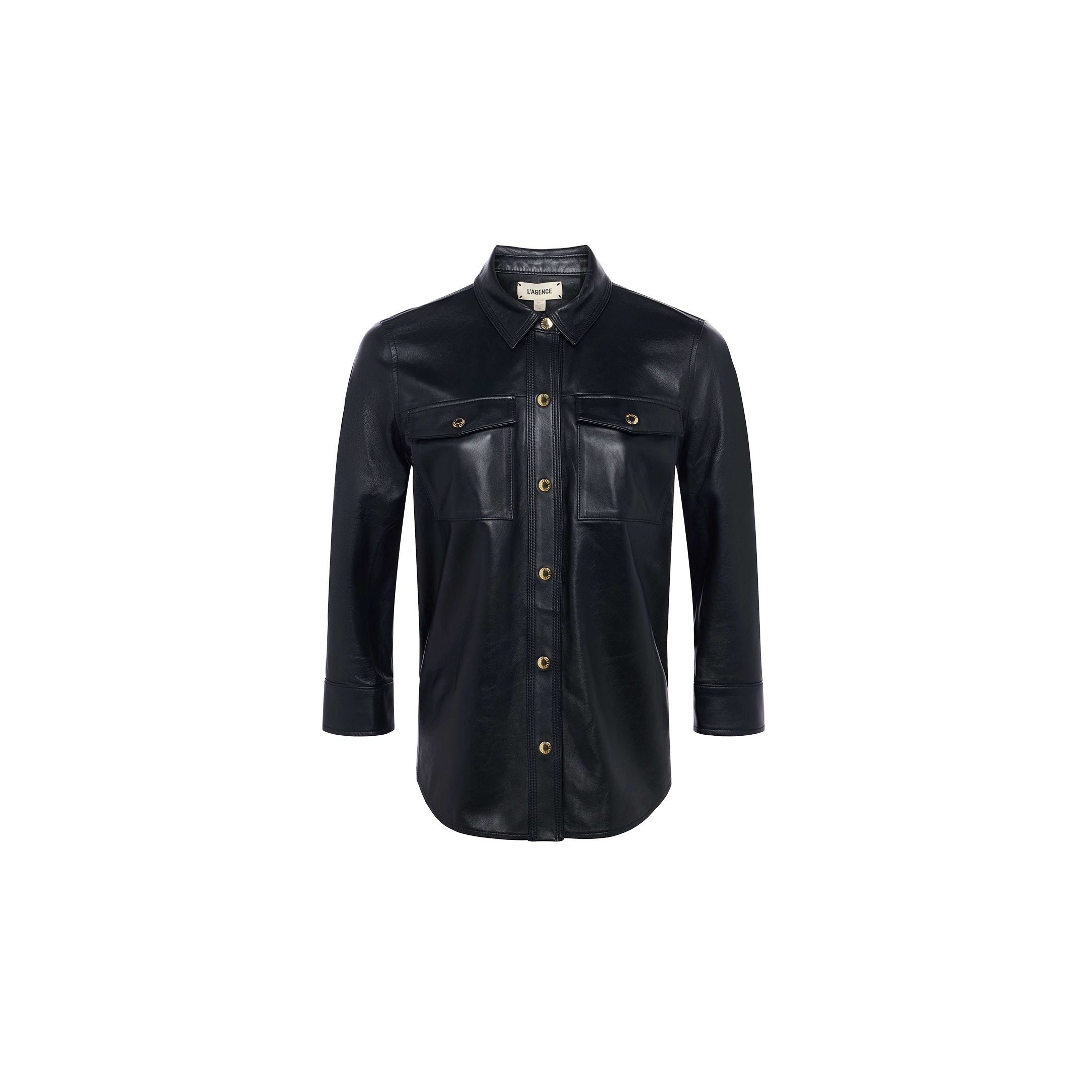 The Avina Leather Shirt is a black lambskin button-up with long sleeves, gold snap buttons, and two front chest pockets, shown against a plain white background.