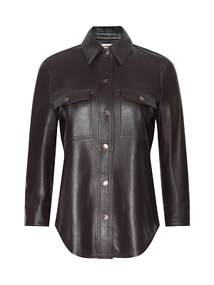 Black leather shirt with button details on a white background