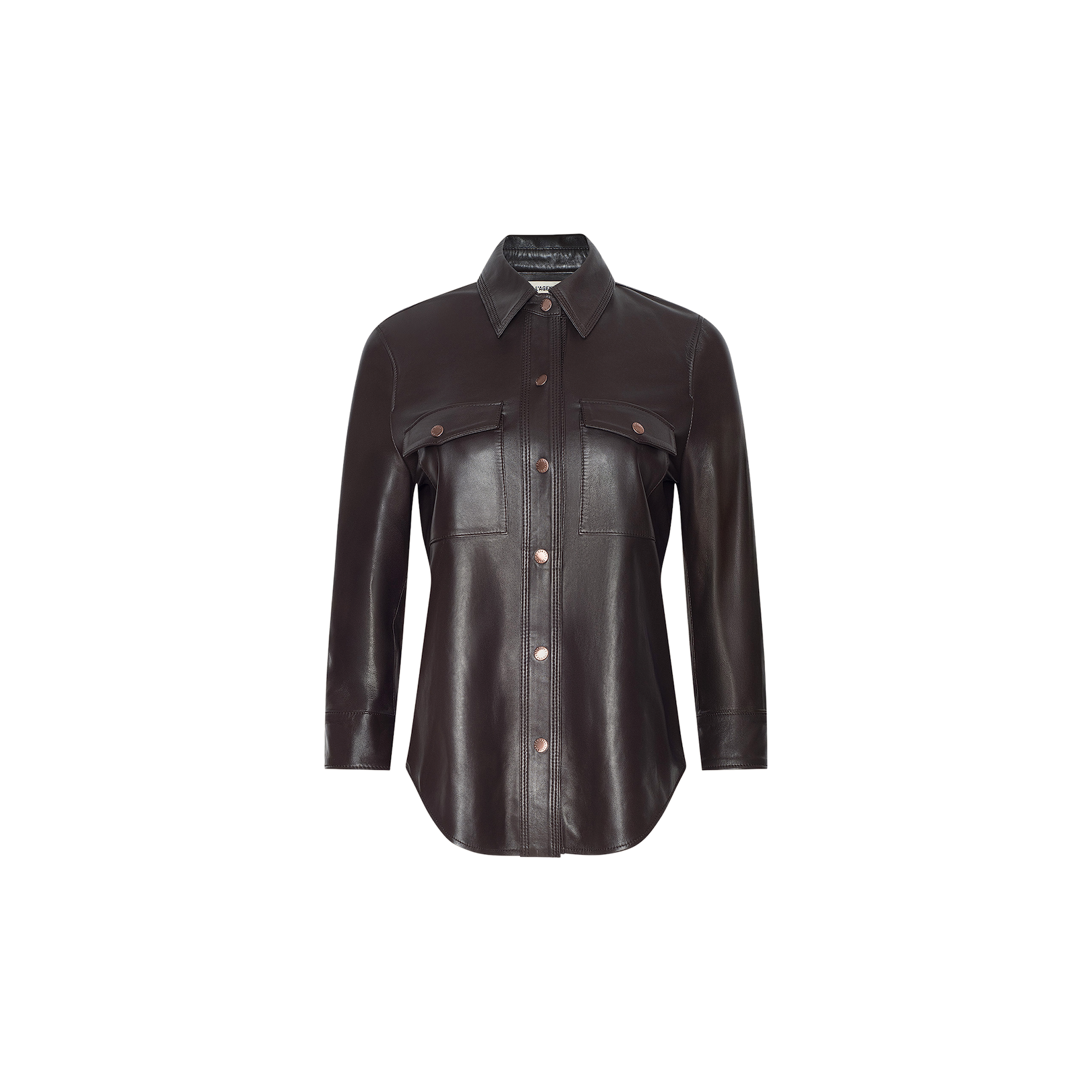 The Avina Leather Shirt, shown in coffee brown and crafted from lightweight leather, features long sleeves, chest pockets, and a pointed collar; it is displayed against a plain white background.