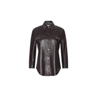 The Avina Leather Shirt, shown in coffee brown and crafted from lightweight leather, features long sleeves, chest pockets, and a pointed collar; it is displayed against a plain white background.