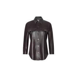 The Avina Leather Shirt is a lightweight, dark brown button-up crafted from premium leather in a rich coffee hue. It features a classic collar, long sleeves, and two front chest pockets, and is shown against a plain white background.