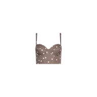 The Sonya Bustier is a brown cropped top made from lightweight twill, featuring thin adjustable straps, a smocked back, and a cardamom polka dot pattern, displayed on a plain white background.