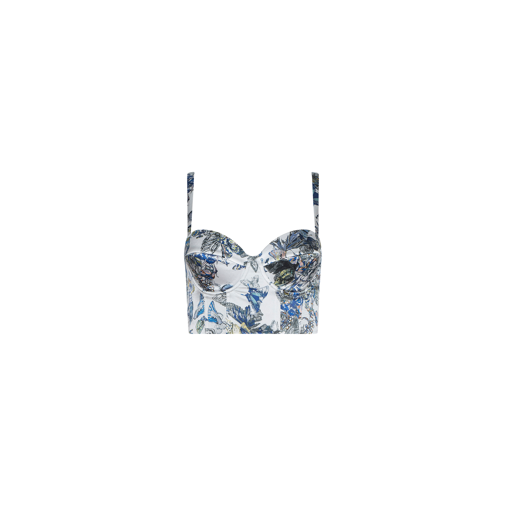 The Sonya Silk Bustier features a fitted silhouette with blue and green botanical prints on a white background. This bustier top includes thin shoulder straps and a sweetheart neckline, all showcased against a plain white backdrop.