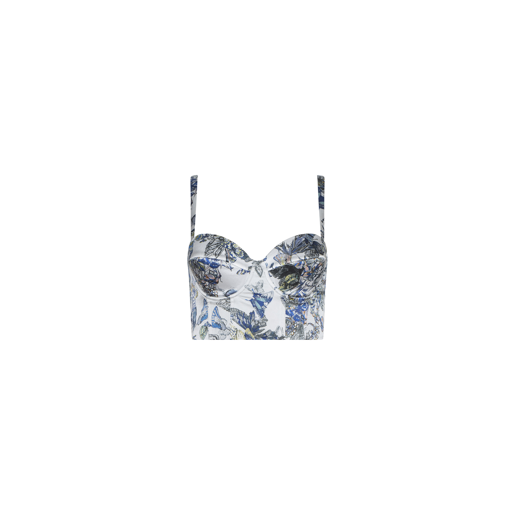 The Sonya Silk Bustier features a fitted silhouette with blue and green botanical prints on a white background. This bustier top includes thin shoulder straps and a sweetheart neckline, all showcased against a plain white backdrop.