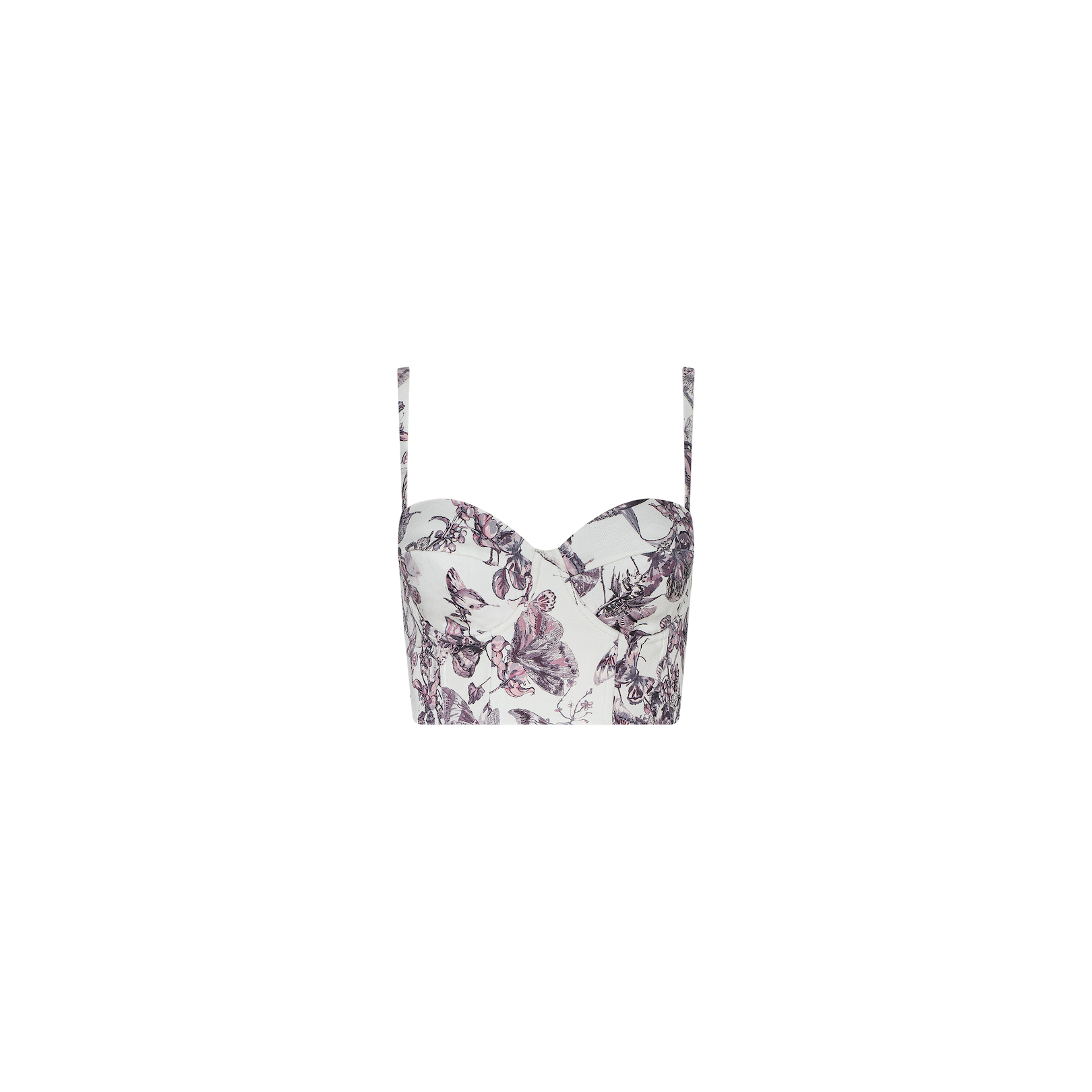The Sonya Bustier is a white bustier top with thin straps, adorned with a purple floral and butterfly print, featuring padded underwire for added support, and shown against a plain white background.
