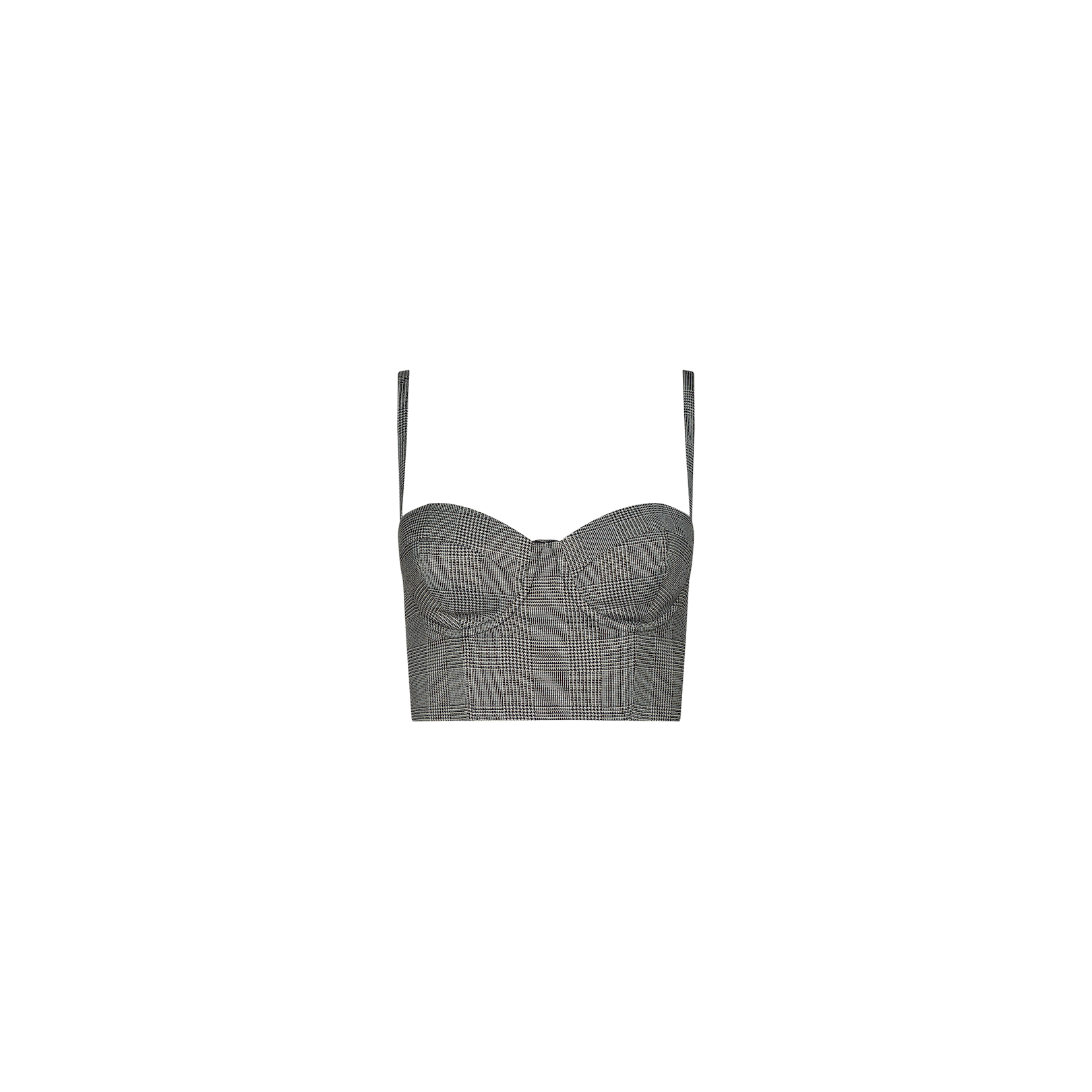 The Sonya Bustier, featuring a gray plaid pattern with adjustable straps, structured cups, and a fitted design, is displayed on a plain white background.