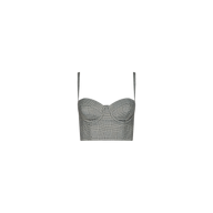 The Sonya Bustier, featuring a gray plaid pattern with adjustable straps, structured cups, and a fitted design, is displayed on a plain white background.