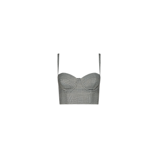 Sonya Bustier in gray plaid, featuring adjustable straps, molded underwire cups, and structured seams, displayed on a plain white background.