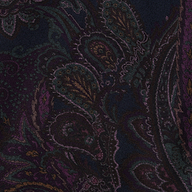The Sonya Bustier features a dark navy paisley fabric with intricate, swirling patterns in shades of purple, green, and gold on a black background, creating an ornate and textured appearance.