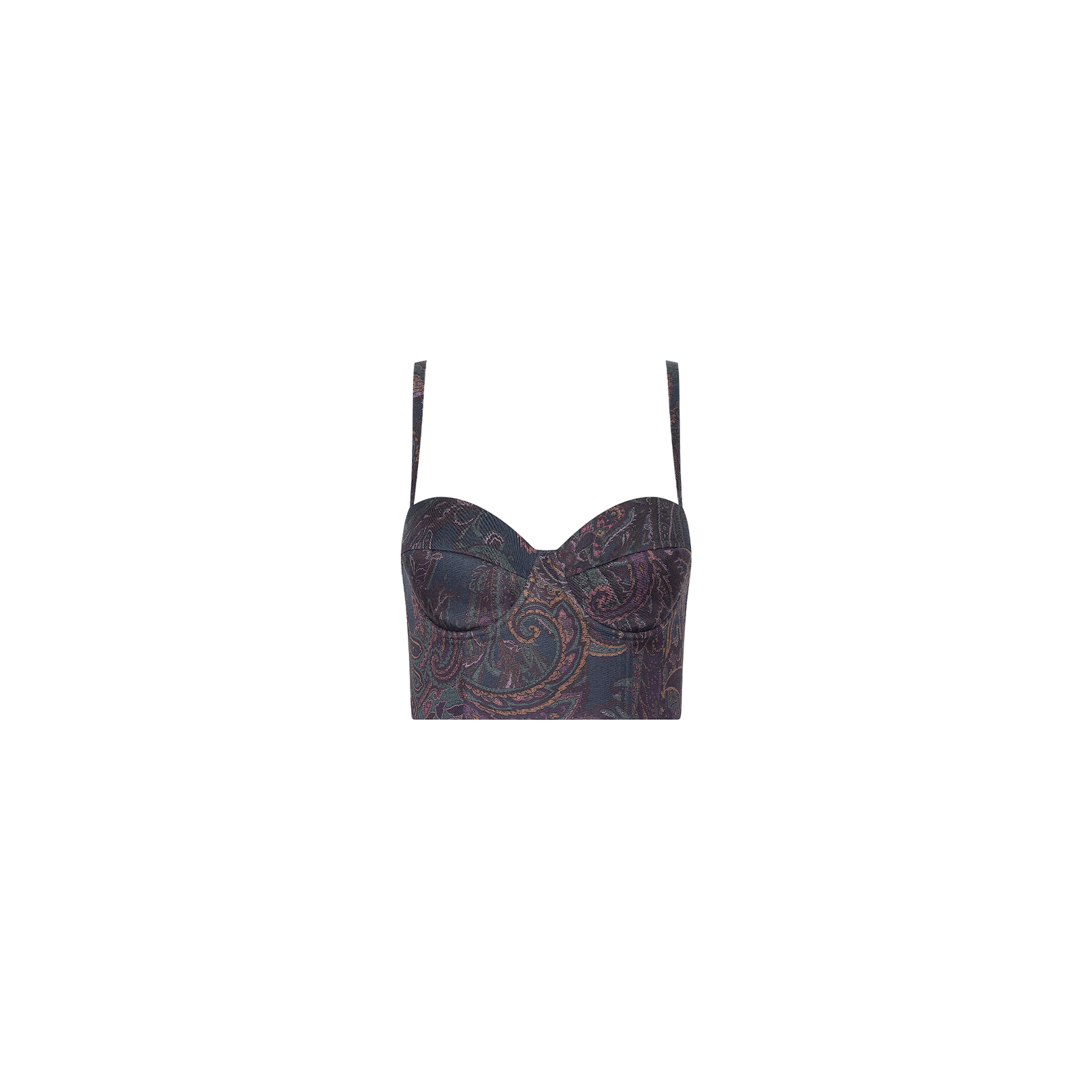 The Sonya Bustier is a cropped top with thin straps, showcasing a navy paisley pattern on a fitted silhouette with built-in support, displayed against a plain white background.