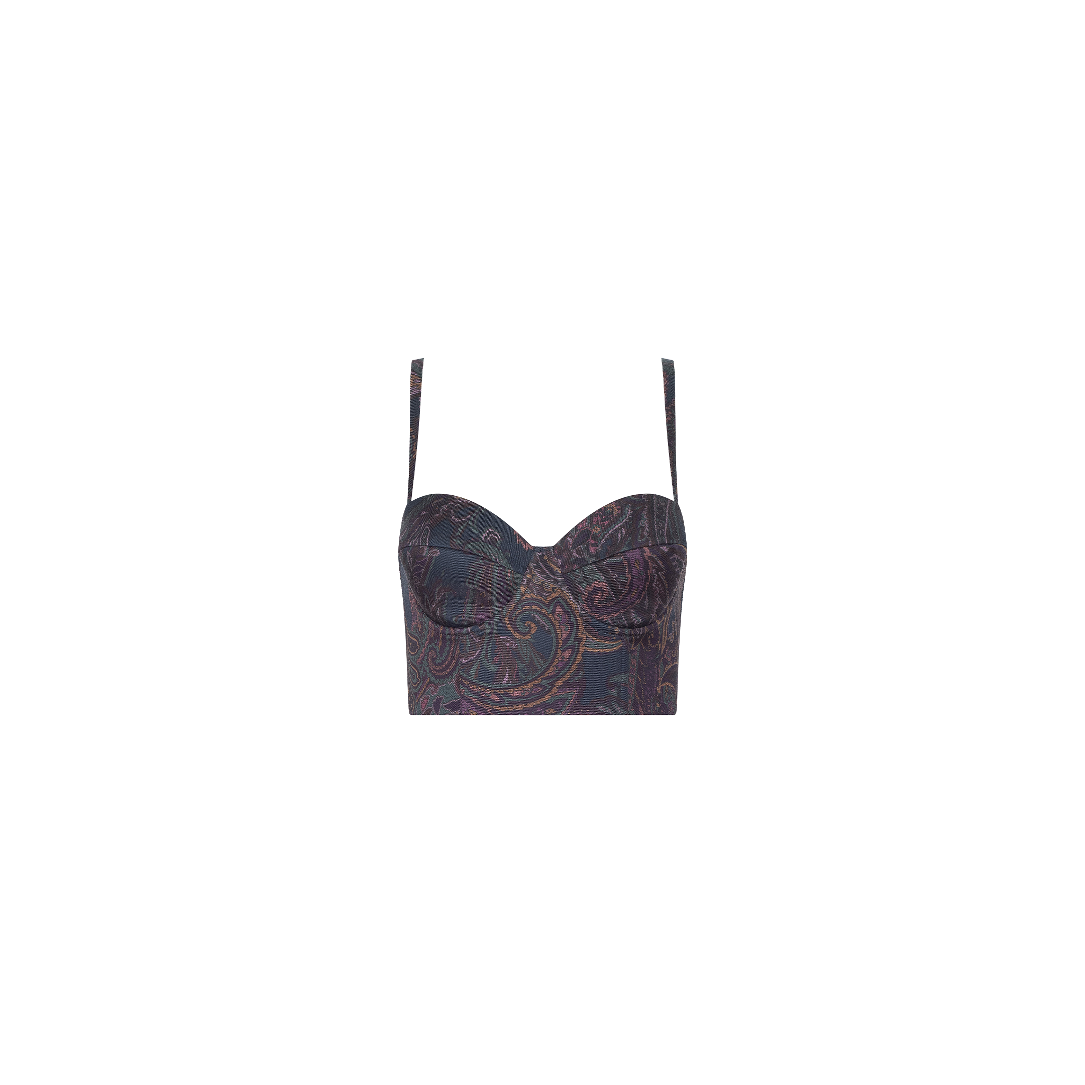 The Sonya Bustier is a cropped top with thin straps, showcasing a navy paisley pattern on a fitted silhouette with built-in support, displayed against a plain white background.