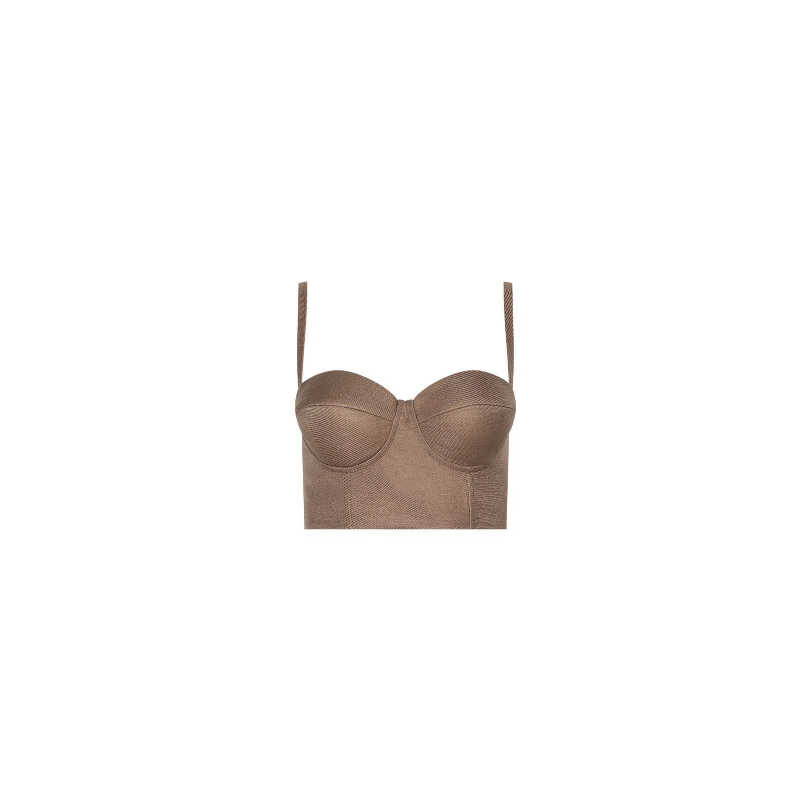 Sonya Linen-Blend Bustier featuring a brown linen fabric, adjustable shoulder straps, underwire cups, and a fitted bodice, displayed against a plain white background.