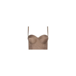 Sonya Linen-Blend Bustier in brown, featuring padded underwire cups, front vertical seams, and adjustable shoulder straps, displayed on a plain white background.