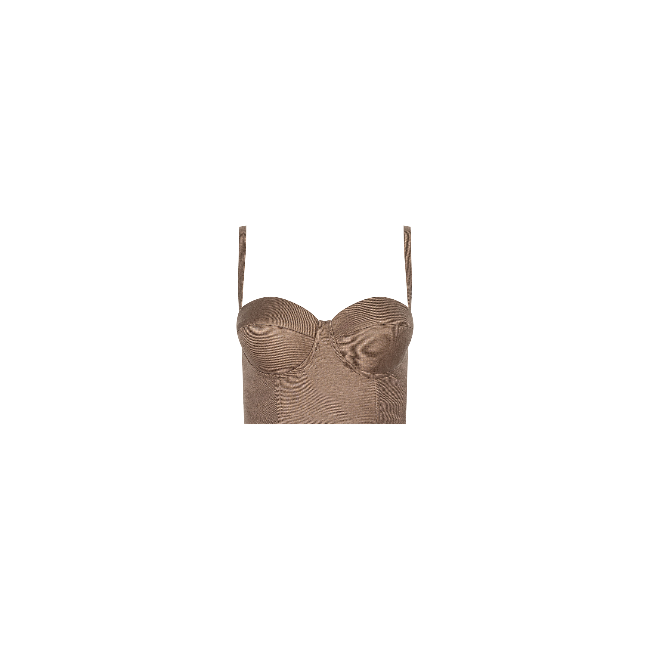 Sonya Linen-Blend Bustier featuring a brown linen fabric, adjustable shoulder straps, underwire cups, and a fitted bodice, displayed against a plain white background.