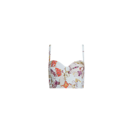 The Sonya Bustier is a cropped top with thin straps, crafted from lightweight twill and adorned with a colorful baroque toile print featuring chains, ropes, and animal motifs on a light background.