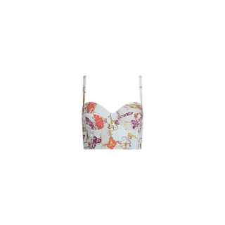 Introducing the Sonya Bustier—a cropped bustier top with thin straps, adorned in a vibrant and ornate baroque toile print in shades of red, orange, gold, and purple on a crisp white background. Expertly crafted from lightweight twill, it offers both a comfortable fit and an elegant drape.