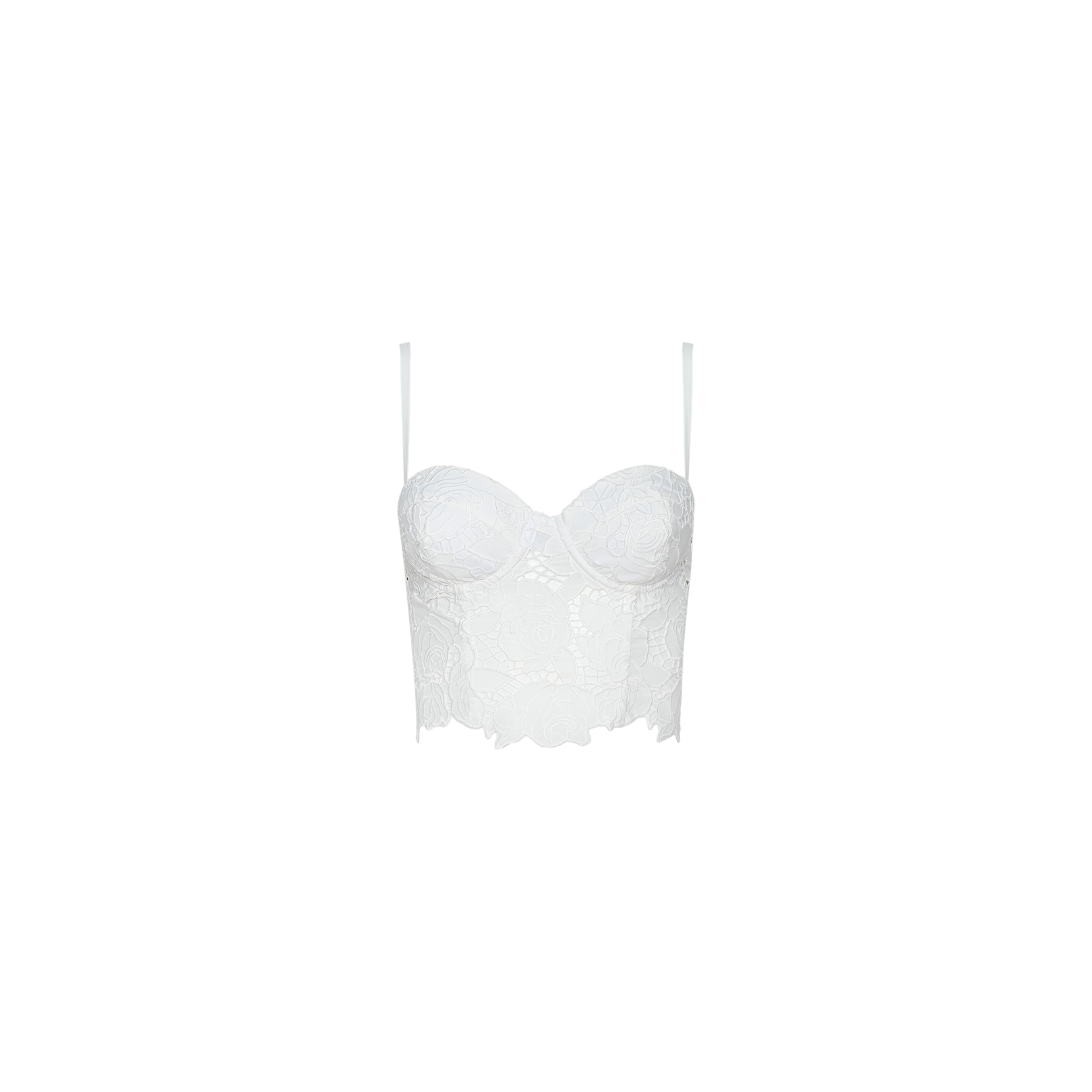 The Sonya Bustier, featuring white eyelet fabric, thin straps, underwire cups, and a scalloped hem, is displayed against a plain white background.