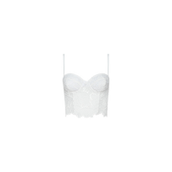The Sonya Bustier, featuring white eyelet fabric, thin straps, underwire cups, and a scalloped hem, is displayed against a plain white background.
