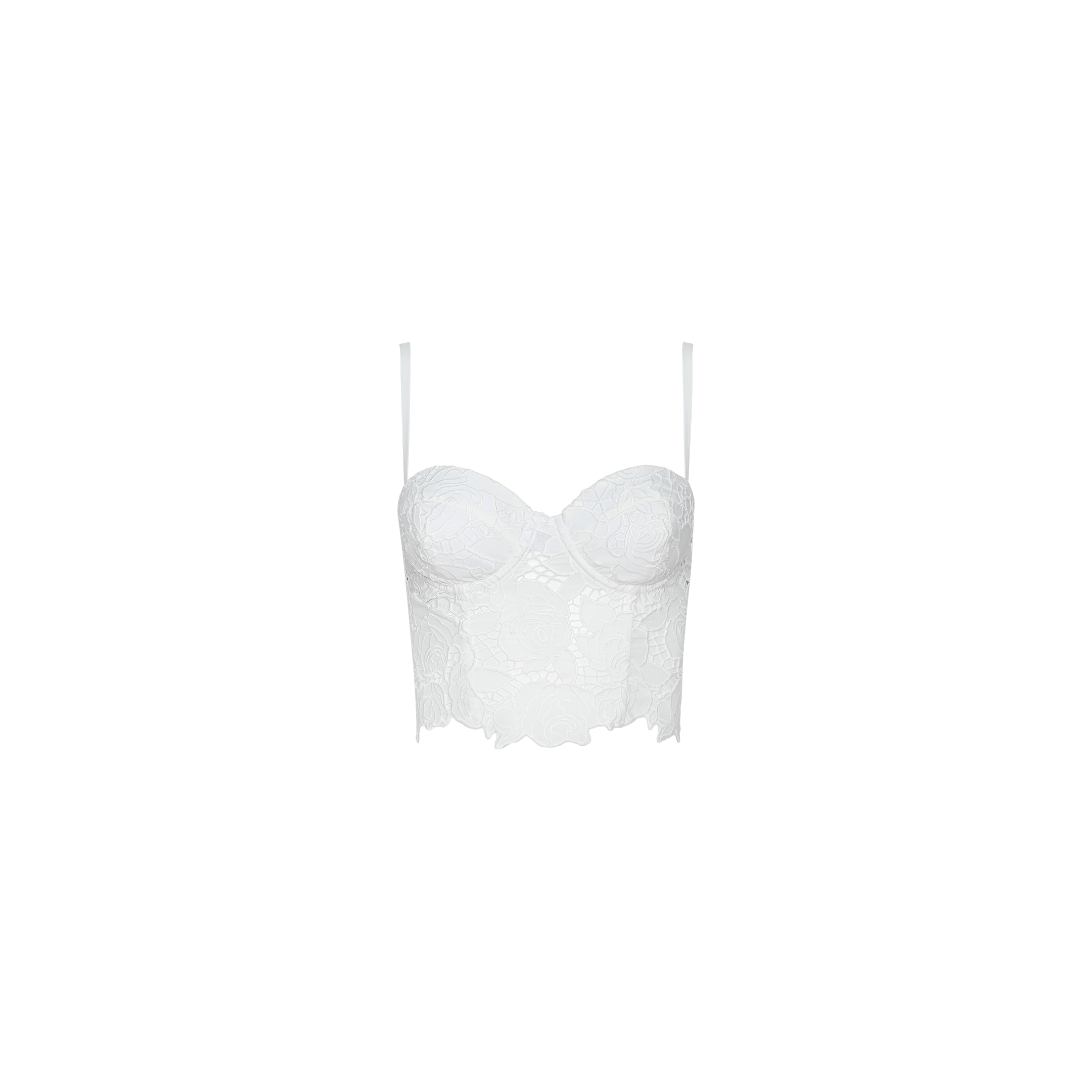 The Sonya Bustier, featuring white eyelet fabric, thin straps, underwire cups, and a scalloped hem, is displayed against a plain white background.