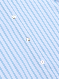 Gros plan sur la chemise Fawn Beach Print en coton biologique, avec des rayures verticales bleu clair et blanches et trois boutons blancs visibles. Les rayures sont régulièrement espacées pour un aspect net et précis.