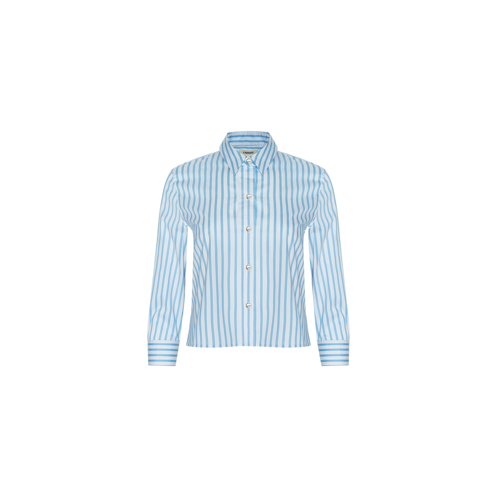 Fawn Beach Print Shirt featuring light blue and white vertical stripes, a button-up front, long sleeves, and a collar, crafted from organic cotton and presented on a plain white background.