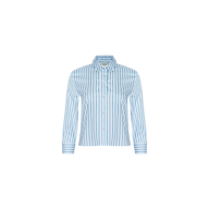 Fawn Beach Print Shirt featuring light blue and white vertical stripes, a button-up front, long sleeves, and a collar, crafted from organic cotton and presented on a plain white background.