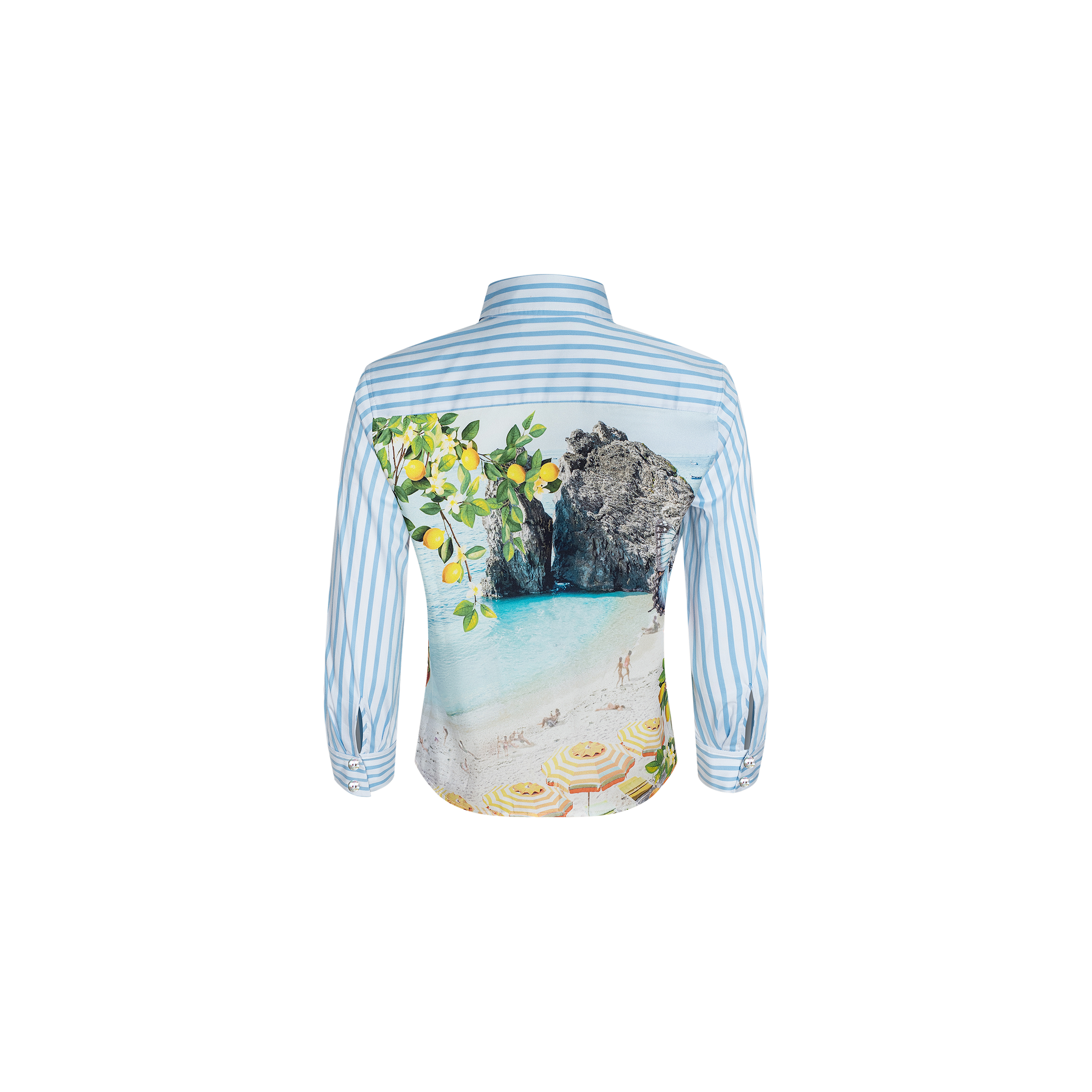 The Fawn Beach Print Shirt is a blue and white striped shirt made from organic cotton, showcasing a scenic beach, lemon tree, and rock formation print on the back.