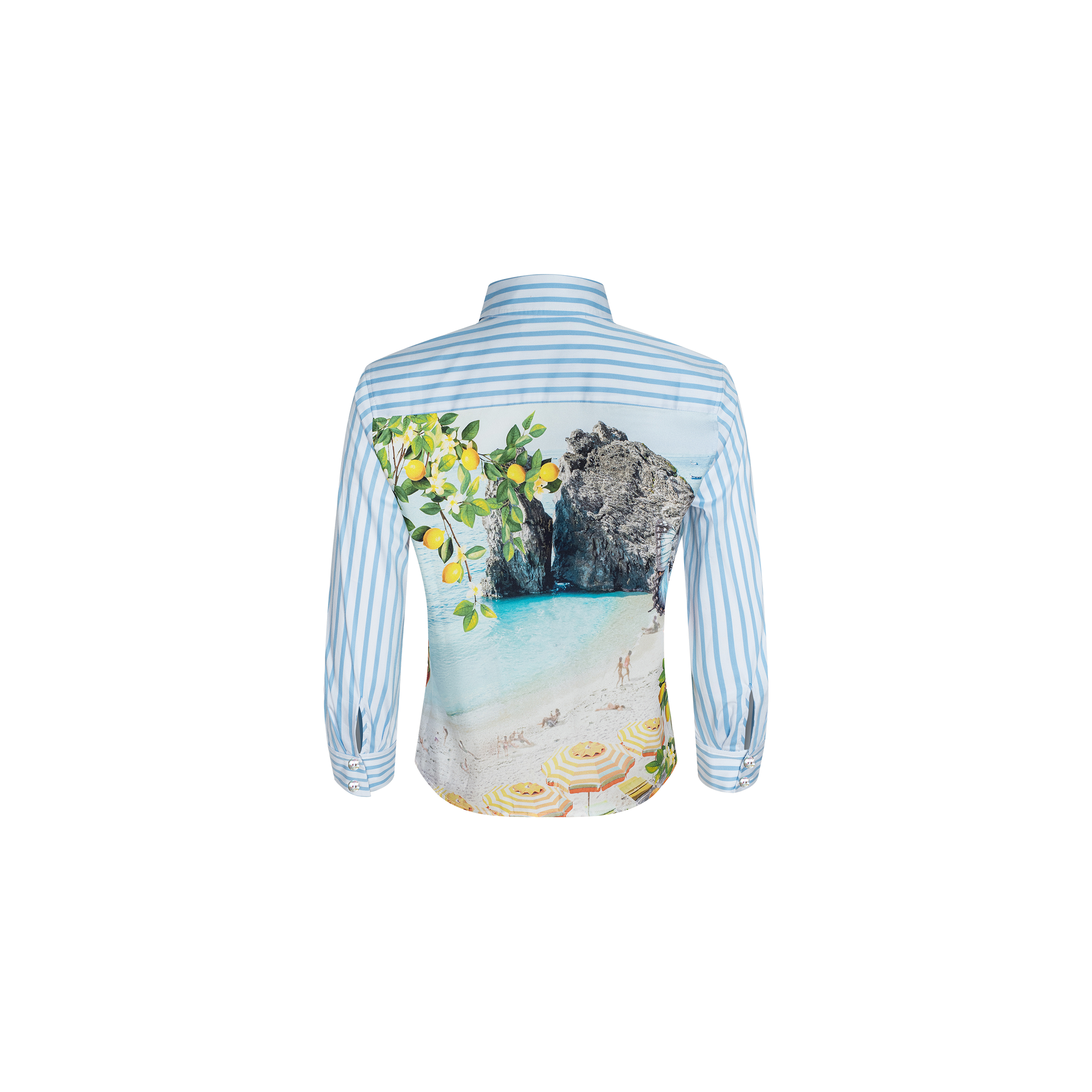 The Fawn Beach Print Shirt is a blue and white striped shirt made from organic cotton, showcasing a scenic beach, lemon tree, and rock formation print on the back.
