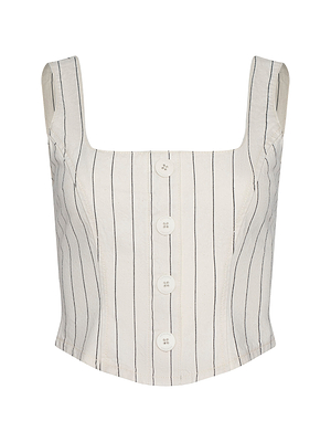 The Saga Top is a sleeveless, square-neck white crop top featuring nautical stripes and five front buttons, crafted from cotton twill for a chic corset-inspired look.