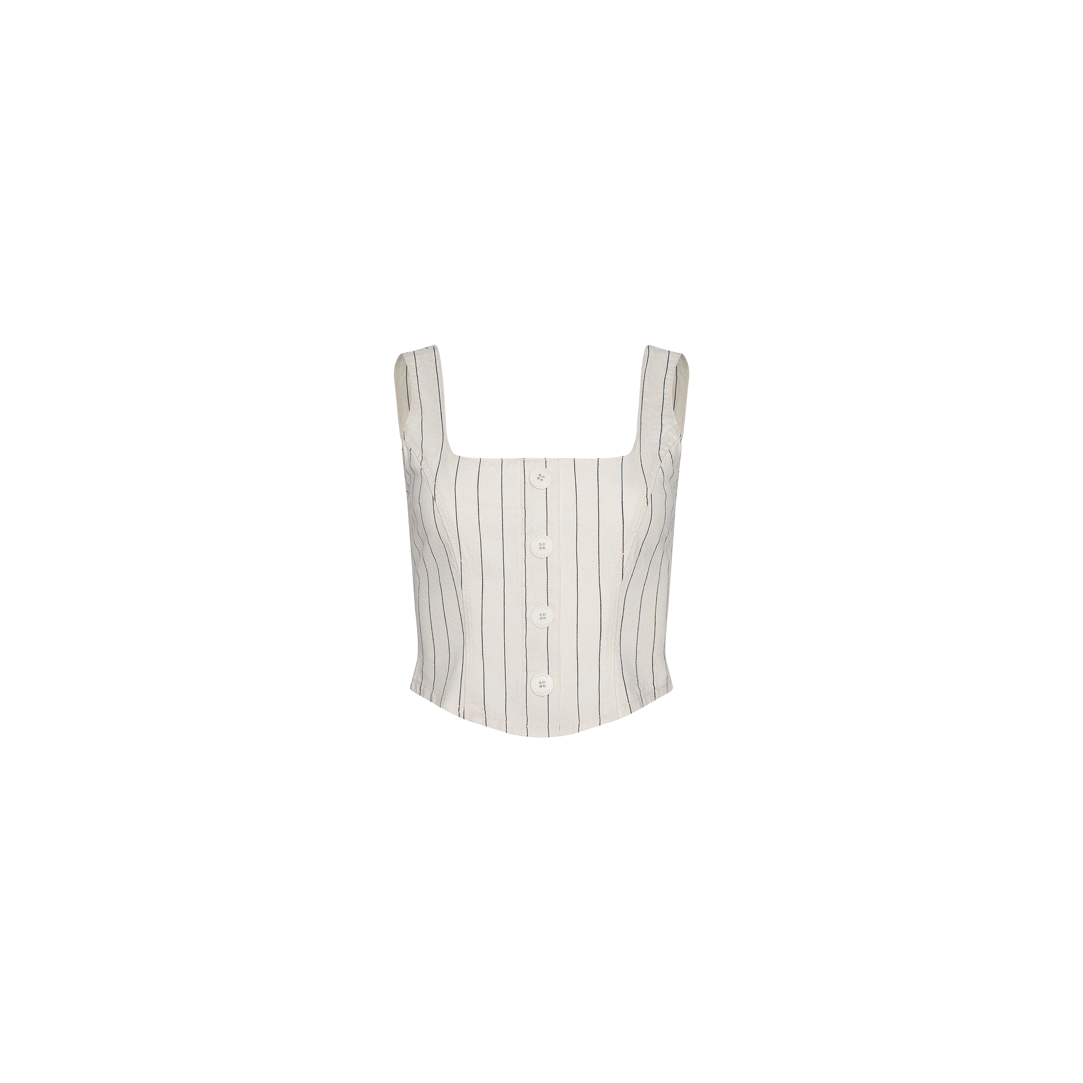 Cream-colored Saga Top, crafted from cotton twill with a sleeveless, square-neck design, vertical nautical stripes, and front button closure, shown against a plain white background.