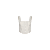 Cream-colored Saga Top, crafted from cotton twill with a sleeveless, square-neck design, vertical nautical stripes, and front button closure, shown against a plain white background.