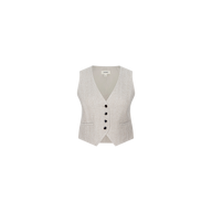 The Jianna Vest is a light beige herringbone tweed cropped vest featuring a V-neckline, four black buttons down the front, and two small front pockets, showcased against a plain white background.