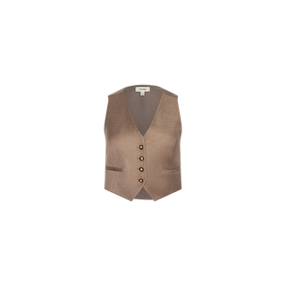 The Jianna Vest—a brown, sleeveless piece with a minimalist silhouette—features a V-neckline, four front buttons, and two front pockets, shown against a plain white background.
