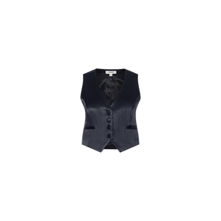 The Jianna Vest is a black pinstripe, sleeveless V-neck vest featuring shiny fabric and four front buttons, shown on a plain white background.
